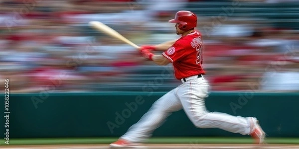 Fototapeta Baseball Player Swinging Bat with Blurry Background