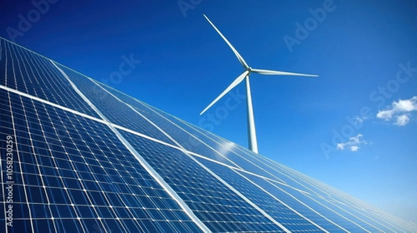 Fototapeta Sustainable energy is represented by wind turbine and solar panels under clear blue sky, showcasing harmony of renewable resources