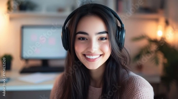 Fototapeta A realistic and inviting photo of a smiling woman on the right