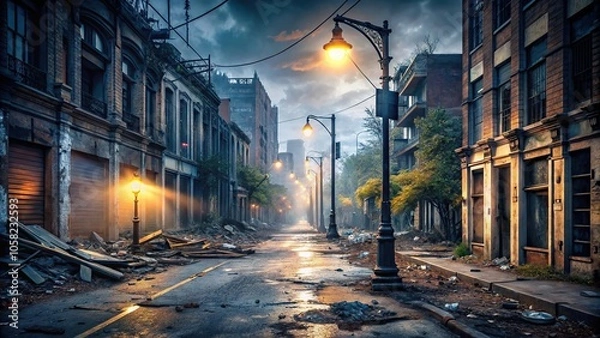 Fototapeta Abandoned city street at dusk with broken lights and debris scattered everywhere, urban decay, urban blight, abandoned