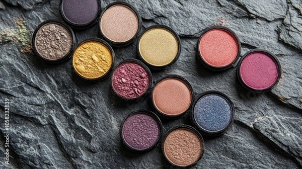 Fototapeta Organic eyeshadow pans scattered on a stone background, crushed texture revealing mineral pigments, soft earthy tones, raw natural beauty, sustainable makeup concept