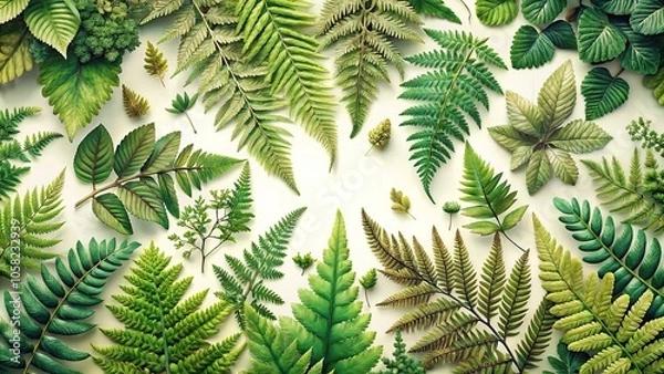 Fototapeta A beautiful botanical illustration of different types of leaves, ferns and moss, arranged in a natural pattern, greenery, design, fern