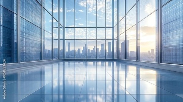 Fototapeta Modern office space with expansive windows showcasing a city skyline at sunset.