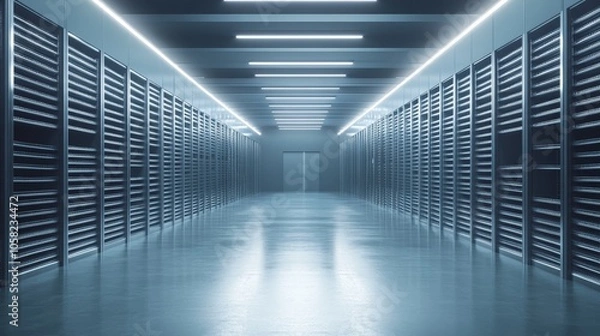 Fototapeta A modern, illuminated corridor lined with storage shelves, suggesting organization and accessibility.