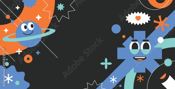 Fototapeta Geometric trendy background. Character cartoon fresh design. Funny and groovy element art.