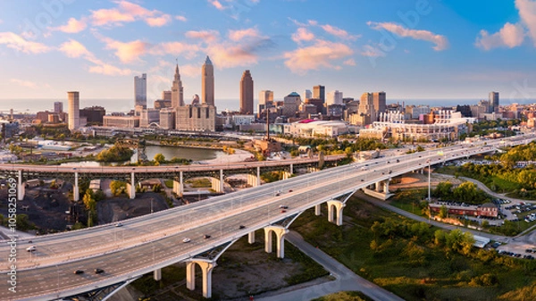 Obraz Aerial view of Cleveland, Ohio skyline and I90 interstate highway at sunset. Cleveland is a major city in the U.S. state of Ohio and the county seat of Cuyahoga County.