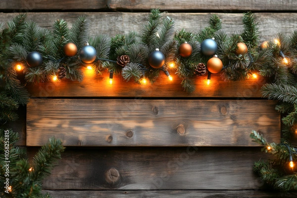 Obraz Wooden background decorated with festive evergreen branches, pine cones, blue and gold ornaments, and warm string lights, creating a rustic holiday atmosphere. 