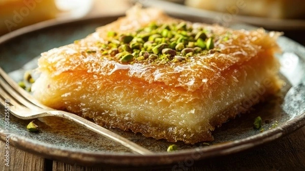 Fototapeta A portion of crispy knefe topped with a thick layer of pistachios, beautifully displayed with a fork ready to dig in. Sweet syrup glistens on top.