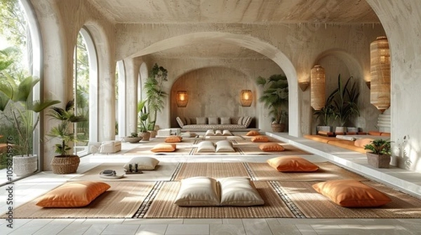 Obraz The yoga studio, with its soft colored mats, decor and natural lighting, promotes a calm and peaceful atmosphere.