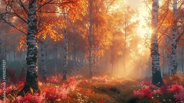 Fototapeta Forest in autumn, with soft orange and pink leaves, soft sunlight shining through the trees.