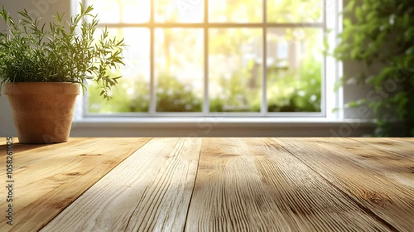 Fototapeta Empty Wooden Table Background with Blurred Window View