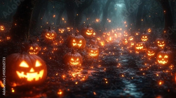 Fototapeta Spooky Halloween scene with glowing jack-o'-lanterns in a forest.