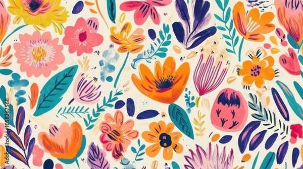 Fototapeta An abstract floral pattern with bold, bright colors and intricate designs, set against a clean, white