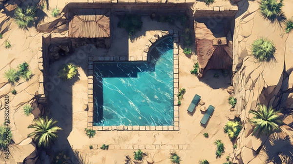 Fototapeta Dnd battlemap lost desert oasis - an oasis hidden in the desert. Hidden Oasis. Illustration