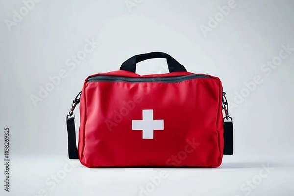 Fototapeta Red first aid medical kit bag with white cross symbol, suggesting emergency preparedness and healthcare