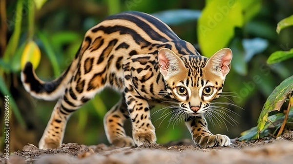 Fototapeta An intriguing closeup shot of a Leopard Cat in the midst of a hunting moment in the Borneo jungle, its tail subtly flicking behind it as it locks eyes on its prey