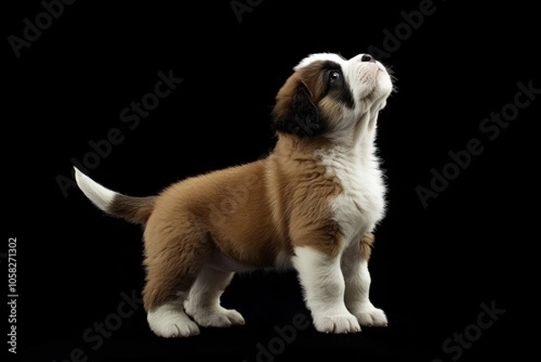 Fototapeta the beside view baby Saint Bernard standing, left side view, low angle, white copy space on right, Isolated on black Background
