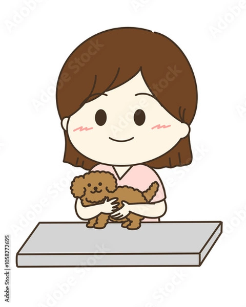 Fototapeta 犬が動かないように抱いている動物看護師さんのゆるかわイラスト