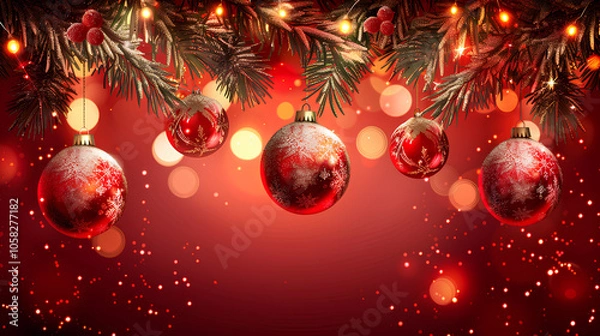 Fototapeta Christmas-themed 3D design with red baubles and fir branches on a festive red background