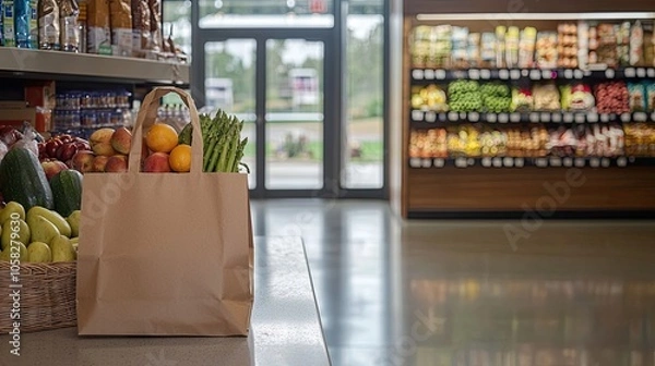 Fototapeta A grocery store with brown paper bag of groceries on the counter, and colorful fruits inside. In front is an open entrance door leading into another room