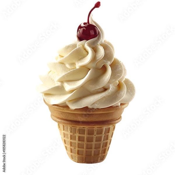 Fototapeta A cone filled with a swirl of soft serve ice cream and topped with a cherry, isolated on white background