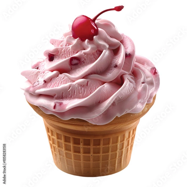 Fototapeta A cone filled with a swirl of soft serve ice cream and topped with a cherry, isolated on white background