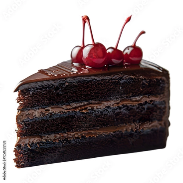 Fototapeta A delicious slice of chocolate cake with a cherry on top, isolated on white background