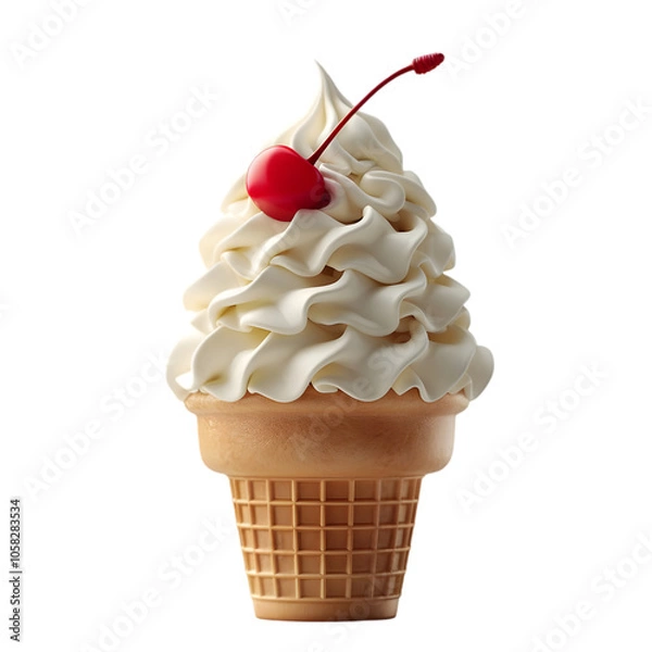 Fototapeta A cone filled with a swirl of soft serve ice cream and topped with a cherry, isolated on white background