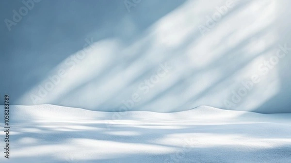 Fototapeta Panoramic abstract blue background for product presentation with sunlight and blurred shadows wall. Winter background.

