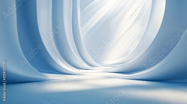 Fototapeta Panoramic abstract blue background for product presentation with sunlight and blurred shadows wall. Winter background.
