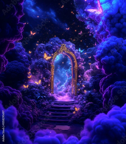 Fototapeta Ornate Golden Archway Surrounded by Purple Flowers and Butterflies, Mystical Gateway to a Fantasy Realm with Sparkling Stars