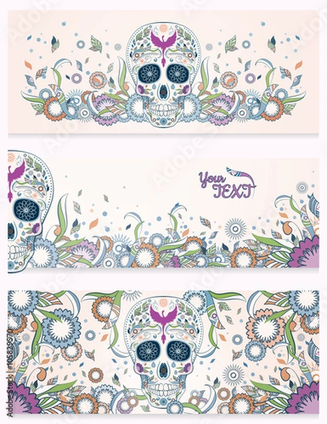 Obraz Banners of Dia de Muertos sugar skull with ornate on an abstract floral ornamental spring background. Day of The Dead