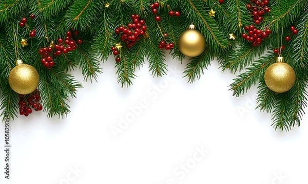Fototapeta Christmas background with white space and a decorated fir tree branch on the right side. Christmas decorations, golden balls, red berries, and lights with a bokeh effect on a light background. New Yea
