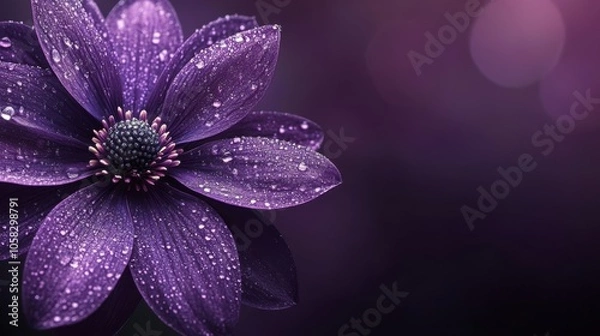 Fototapeta A striking purple flower with shimmering water droplets