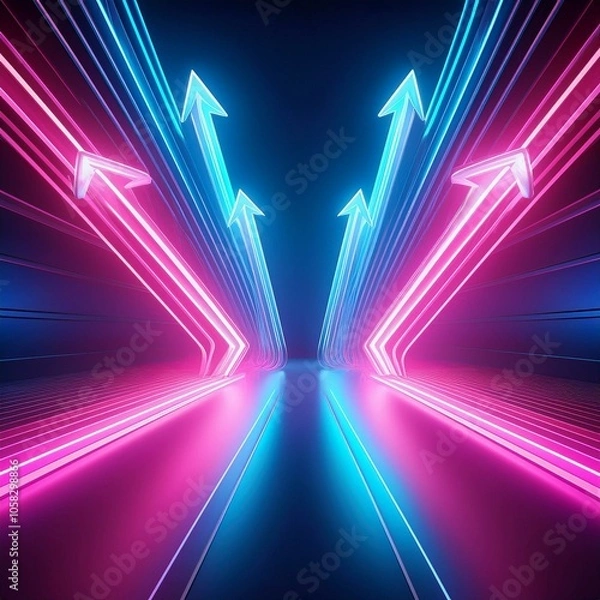 Fototapeta Blue and pink neon arrows, pointing opposite directions on a glossy stage, perfect for sleek, futuristic backgrounds and digital art