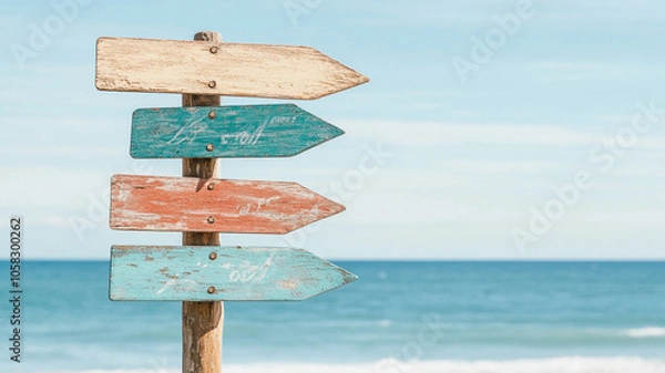 Fototapeta Weathered wooden directional signpost with colorful arrows pointing towards seaside, evoking sense of adventure and exploration