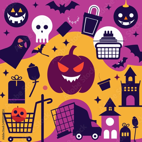 Obraz Seamless background of Halloween theme shopping icon vector illustration