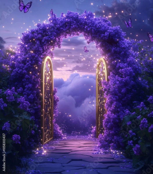 Fototapeta Magical Floral Archway with Purple Flowers and Butterflies, Enchanted Garden Scene with Sparkling Stars at Twilight
