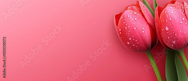 Fototapeta Two Red Tulips with Dew Drops on Pink Background.