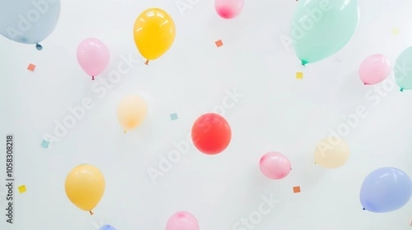 Fototapeta White background with colorful balloons floating creates a whimsical and enchanting scene. A delightful blend of purity and celebration, perfect for adding a touch of magic to any project