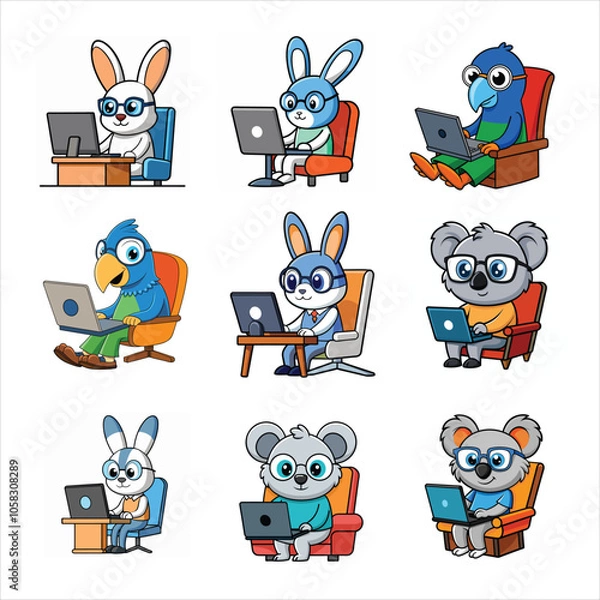 Fototapeta collection of cute animals at the computer vector artwork