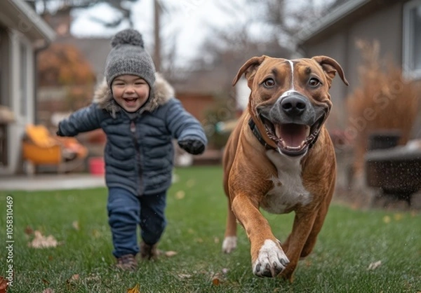 Fototapeta Happy Child and Dog Running in Backyard Together