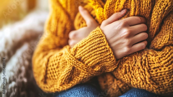 Fototapeta Cozy hands wrapped in warm, knitted yellow sweater, conveying comfort and warmth. soft texture and vibrant color evoke sense of relaxation and security