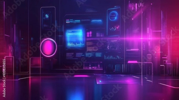 Fototapeta Futuristic digital interface with vibrant colors and data visualization elements.