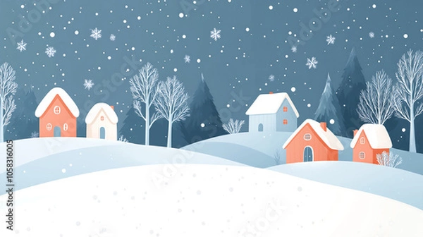 Fototapeta An illustration of a beautiful snowy landscape with mountains, trees, and cabins in winter. It is suitable for background pictures, flat designs, simple shapes.