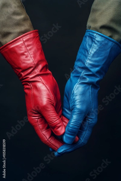 Fototapeta The  image of civilian hands in red gloves and soldier hands