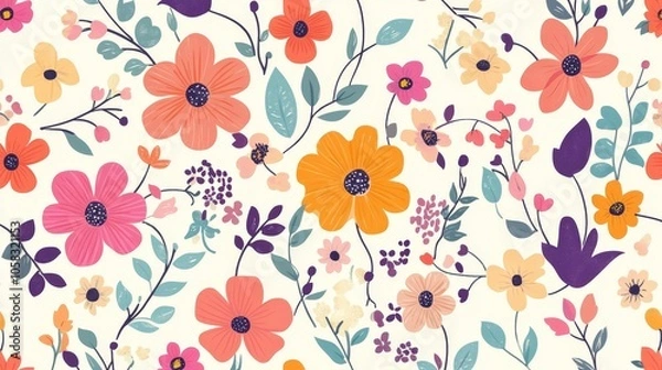 Fototapeta A vibrant floral pattern featuring various colorful flowers and leaves on a light background.