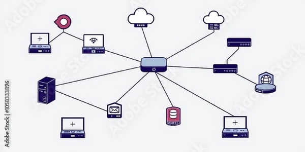 Fototapeta Network topology LAN objects icons depicting various hardware devices such as routers, servers, and switches for networking design, network, networking