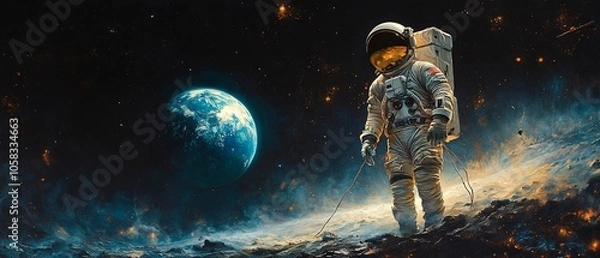 Fototapeta An astronaut stands on a lunar surface with Earth visible in the background.