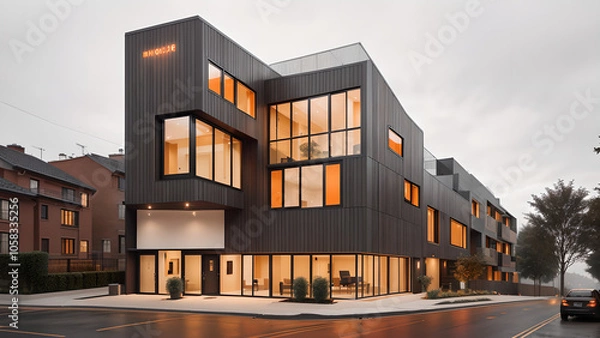 Fototapeta 어두운 톤의 외벽의 건물 디자인 조감도.
